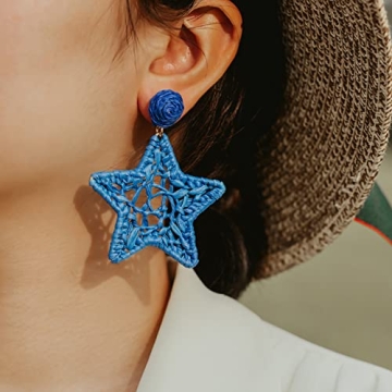 Statement Raffia Earrings Boho Dangle Drop Earrings Cute Handmade Fashion Earring Summer Beach Jewelry for Women(Royal Blue Star)