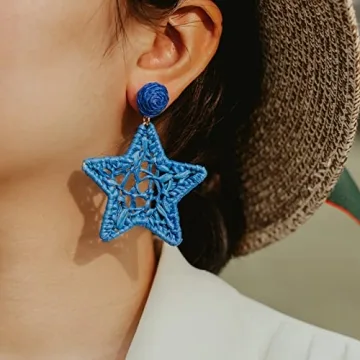 Statement Raffia Earrings Boho Dangle Drop Earrings Cute Handmade Fashion Earring Summer Beach Jewelry for Women(Royal Blue Star)
