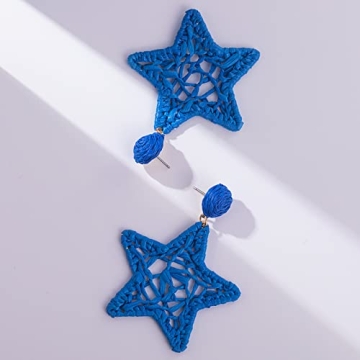 Statement Raffia Earrings Boho Dangle Drop Earrings Cute Handmade Fashion Earring Summer Beach Jewelry for Women(Royal Blue Star)