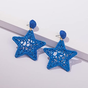 Statement Raffia Earrings Boho Dangle Drop Earrings Cute Handmade Fashion Earring Summer Beach Jewelry for Women(Royal Blue Star)