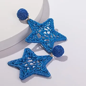 Statement Raffia Earrings Boho Dangle Drop Earrings Cute Handmade Fashion Earring Summer Beach Jewelry for Women(Royal Blue Star)