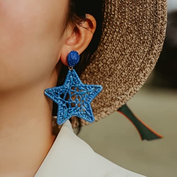 Statement Raffia Earrings Boho Dangle Drop Earrings Cute Handmade Fashion Earring Summer Beach Jewelry for Women(Royal Blue Star)