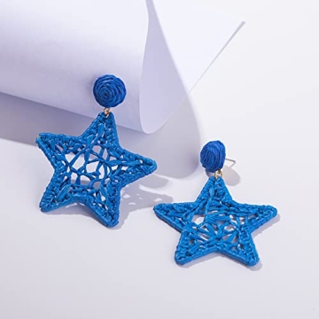 Statement Raffia Earrings Boho Dangle Drop Earrings Cute Handmade Fashion Earring Summer Beach Jewelry for Women(Royal Blue Star)