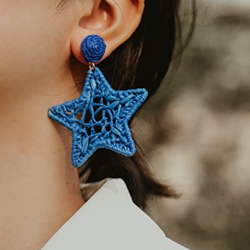 Statement Raffia Earrings Boho Dangle Drop Earrings Cute Handmade Fashion Earring Summer Beach Jewelry for Women(Royal Blue Star)
