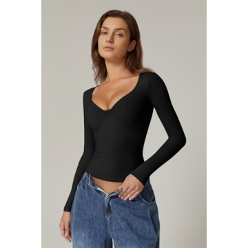 QINSEN Women's Twist Front V-Neck Slim Fit Tee