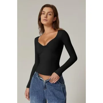 QINSEN Women's Twist Front V-Neck Slim Fit Tee