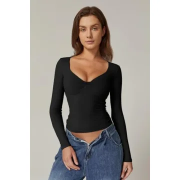 QINSEN Women's Twist Front V-Neck Slim Fit Tee