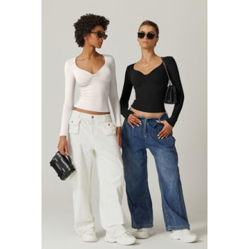 QINSEN Women's Twist Front V-Neck Slim Fit Tee