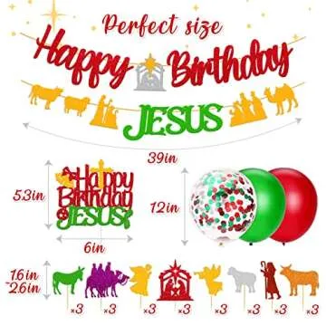 49 PCS Happy Birthday Jesus Decorations Christmas Jesus Banner Nativity Cake Cupcake Topper Balloons Christian Winter Merry Christmas Holy Cross Bell Jesus's Bday Party Supplies