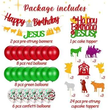 49 PCS Happy Birthday Jesus Decorations Christmas Jesus Banner Nativity Cake Cupcake Topper Balloons Christian Winter Merry Christmas Holy Cross Bell Jesus's Bday Party Supplies