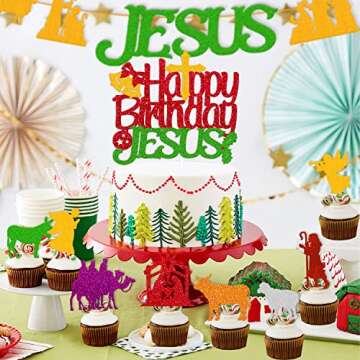 49 PCS Happy Birthday Jesus Decorations Christmas Jesus Banner Nativity Cake Cupcake Topper Balloons Christian Winter Merry Christmas Holy Cross Bell Jesus's Bday Party Supplies