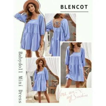BLENCOT Women Cute Boho Dress Square Neck Ruffle Hem