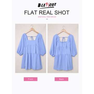 BLENCOT Women Cute Lantern Sleeve Boho Dress Square Neck Ruffle Hem Flowy Shift Mini Dresses Sky Blue Small