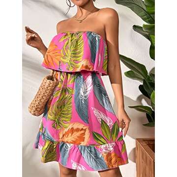 SOLY HUX Tropical Print Strapless Ruffle Hem Dress