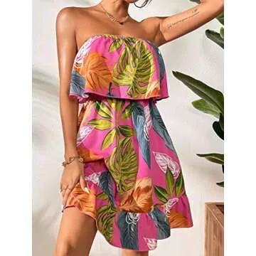SOLY HUX Tropical Print Strapless Ruffle Hem Dress