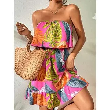 SOLY HUX Tropical Print Strapless Ruffle Hem Dress