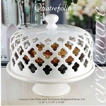 Circleware Quatrefolio Ceramic Cake Plate with Dome, Home and Kitchen Entertainment Food Serving Platter Stand for Fruit, Ice Cream, Dessert, Salad, Cheese, Candy, 11x11x11, White