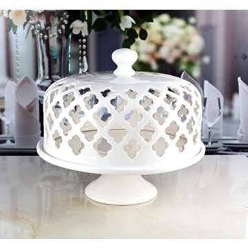 Circleware Quatrefolio Ceramic Cake Plate with Dome, Home and Kitchen Entertainment Food Serving Platter Stand for Fruit, Ice Cream, Dessert, Salad, Cheese, Candy, 11x11x11, White