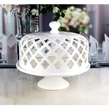 Circleware Quatrefolio Ceramic Cake Plate with Dome, Home and Kitchen Entertainment Food Serving Platter Stand for Fruit, Ice Cream, Dessert, Salad, Cheese, Candy, 11x11x11, White