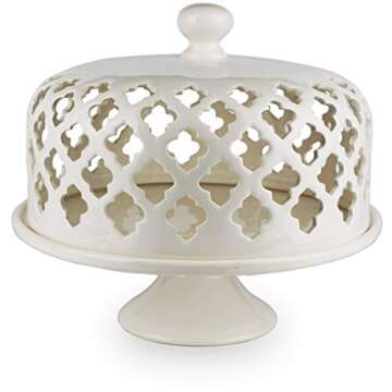 Circleware Quatrefolio Ceramic Cake Plate with Dome, Home and Kitchen Entertainment Food Serving Platter Stand for Fruit, Ice Cream, Dessert, Salad, Cheese, Candy, 11x11x11, White