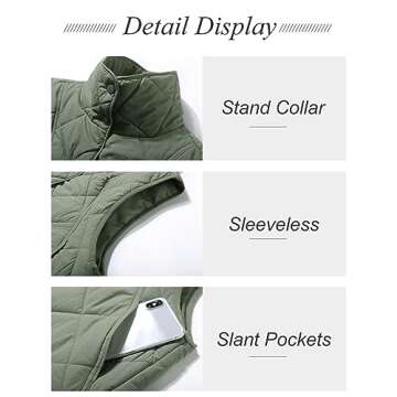 Flygo Womens Quilted Vest Lightweight Sleeveless Stand Collar Button Down Padded Gilet Jacket with Pockets(BeanGreen-S)