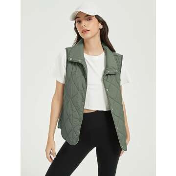 Flygo Womens Quilted Vest Lightweight Sleeveless Stand Collar Button Down Padded Gilet Jacket with Pockets(BeanGreen-S)