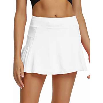 Toumett Women's Tennis Skirt Lightweight Pleated Athletic Sports Golf Running Mini Skirt with Pockets and Shorts (011,White,S)