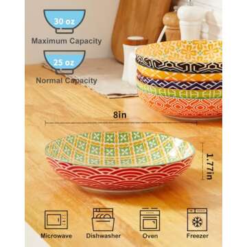 Metahom Pasta Bowls Set of 6, 8 Inch Ceramic Salad Bowls, 30 Oz Wide and Shallow Bowl for Kitchen, S...