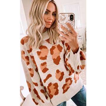 Angashion Women's Sweaters Casual Oversized Leopard Printed Crew Neck Long Sleeve Knitted Pullover Tops for Winter Beige L