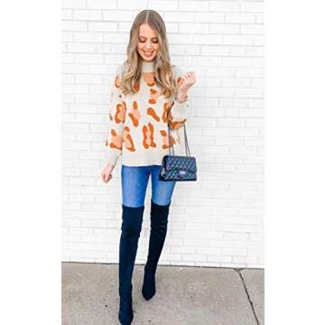 Angashion Women's Sweaters Casual Oversized Leopard Printed Crew Neck Long Sleeve Knitted Pullover Tops for Winter Beige L