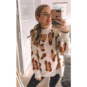 Angashion Women's Sweaters Casual Oversized Leopard Printed Crew Neck Long Sleeve Knitted Pullover Tops for Winter Beige L