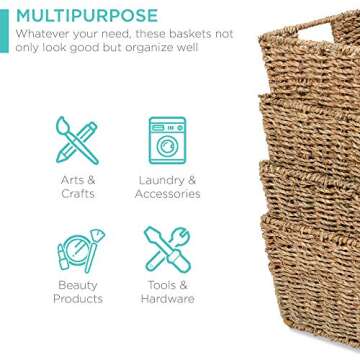 Best Choice Products Rustic Set Of 4 Multipurpose Stackable Seagrass Storage Basket, Handwoven Laundry Organizer Totes for Bedroom and Living Room, Shelves, Pantry w/Insert Handles - Natural