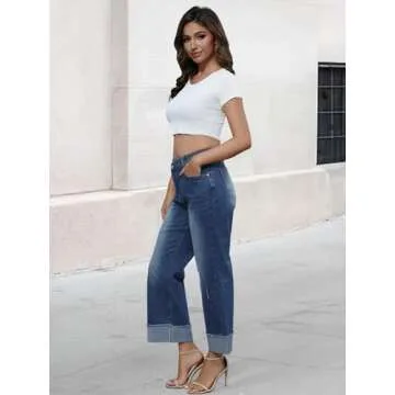 Genleck Wide Leg Cropped Jeans for Women Trendy High Waisted Crossover Boyfriend Jeans Mom Baggy Stretchy Denim (Dark Blue, S)