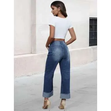 Genleck Wide Leg Cropped Jeans for Women Trendy High Waisted Crossover Boyfriend Jeans Mom Baggy Stretchy Denim (Dark Blue, S)