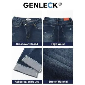 Genleck Wide Leg Cropped Jeans for Women Trendy High Waisted Crossover Boyfriend Jeans Mom Baggy Stretchy Denim (Dark Blue, S)