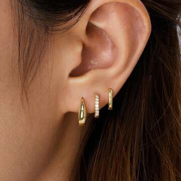 Poxtex Small Gold Hoop Huggie Earrings Set for Women, 14K Chunky Ball Cubic Zircon Earrings for Mult...