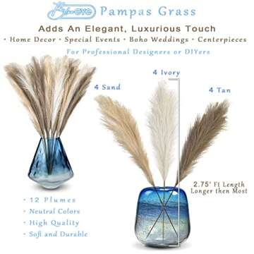 Luxury Boho Pampas Grass Tall Plant:12Piece,33inch Stems, Faux Floral Arrangement, Natural Organic Look. Off-White, Caramel, and Light Brown. Home Decor, Party Plants, Boho Wedding Decoration, Modern