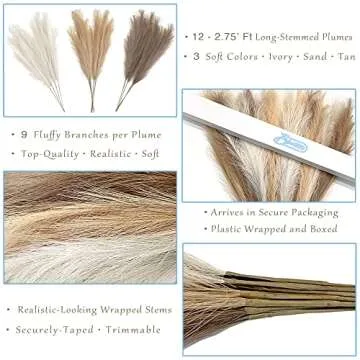 Luxury Boho Pampas Grass Tall Plant:12Piece,33inch Stems, Faux Floral Arrangement, Natural Organic Look. Off-White, Caramel, and Light Brown. Home Decor, Party Plants, Boho Wedding Decoration, Modern