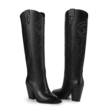 Comfortable ISNOM Black Cowgirl Boots for Women