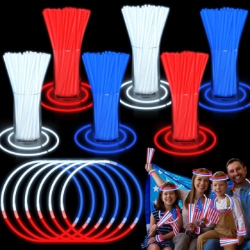 300 Pack 4th of July Glow Sticks Party Favors with Connectors, Patriotic Red White Blue Glow Stick B...