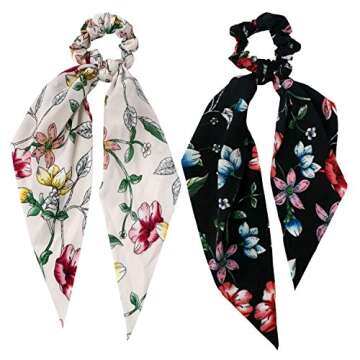 QiKoKo 10 Pcs Hair Scrunchies Bowknot Satin Chiffon Long Tail Elastics Ribbon Ear Bow Pattern Colors Scrunchy Scarf Scrunchie Vintage Ponytail Holder Ties Bands Accessories for Women(longtail10p_03)