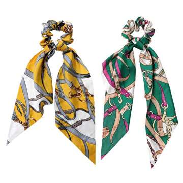 QiKoKo 10 Pcs Hair Scrunchies Bowknot Satin Chiffon Long Tail Elastics Ribbon Ear Bow Pattern Colors Scrunchy Scarf Scrunchie Vintage Ponytail Holder Ties Bands Accessories for Women(longtail10p_03)