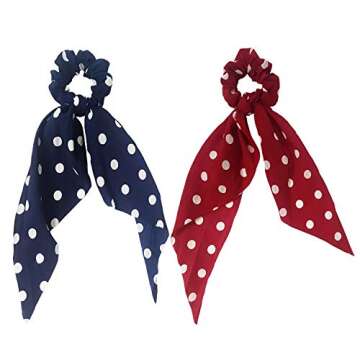 QiKoKo 10 Pcs Hair Scrunchies Bowknot Satin Chiffon Long Tail Elastics Ribbon Ear Bow Pattern Colors Scrunchy Scarf Scrunchie Vintage Ponytail Holder Ties Bands Accessories for Women(longtail10p_03)