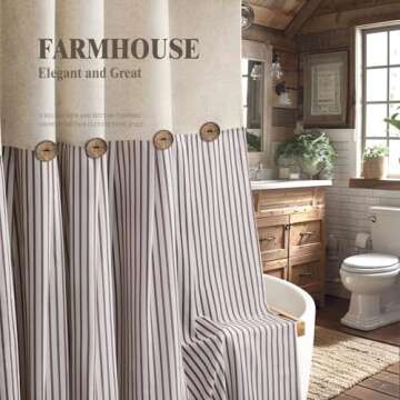 Awellife Linen Button Farmhouse Beige Shower Curtain,Linen and Cotton Woven Fabric,Pleated Brown Stripe,Country Style,72x72 Inch