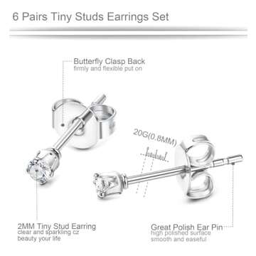 ORAZIO 6 Pairs Tiny 2mm Stainless Steel Stud Earrings For Mens Womens CZ Round Ball Cartilage Earrings Set,Silver Tone
