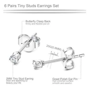 ORAZIO 6 Pairs Tiny 2mm Stainless Steel Stud Earrings For Mens Womens CZ Round Ball Cartilage Earrings Set,Silver Tone