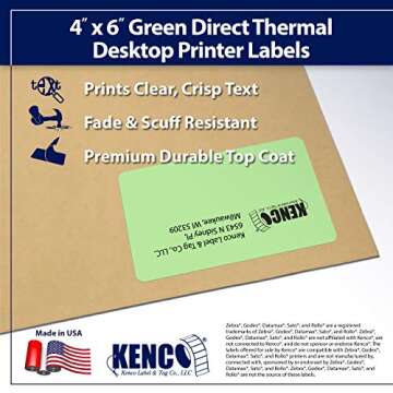 4" X 6" Direct Thermal Perforated Stickers Labels for Shipping Labels, Inventory, and Color Coding - Compatible with Zebra, Rollo, Godex and More (Green, 1 Roll)