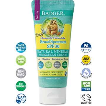 Badger - SPF 30 Baby Sunscreen Cream with Zinc Oxide - Broad Spectrum & Water Resistant, Reef Safe Sunscreen, Natural Mineral Sunscreen with Organic Ingredients 2.9 fl oz