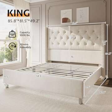 Jocisland Bed Frame King Size Velvet Tufted Upholstered Bed Low Profile Platform Bed Raised Wingback...