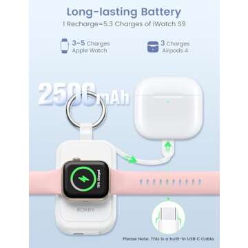 RORRY Portable Charger for Apple Watch Series 10, 2500mAh Fast Charging for iWatch Charger, Travel Charger with Built-in USB C Cable for Apple Watch Ultra Series 9 8 7 6 5 4 3 2 SE Accessories, White
